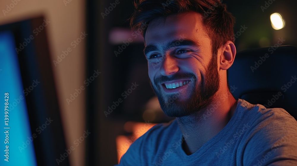 Aufkleber man smiling while looking at a computer screen in a dimly lit room with blue and orange lighting