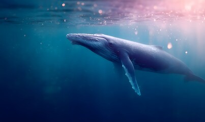 Fototapeta premium A huge blue whale swims close to the camera, Generative AI