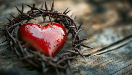A red heart encircled by a crown of thorns on weathered wood