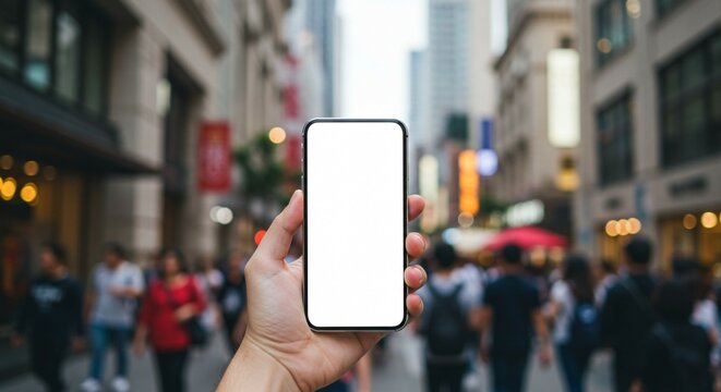 Hand holding phone mockup on city street for app promotion and ui design advertisement template