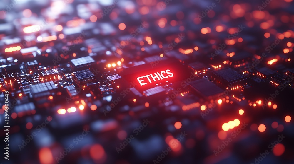 Poster close-up view of a circuit board with the word 'ethics' illuminated, symbolizing technology and mora