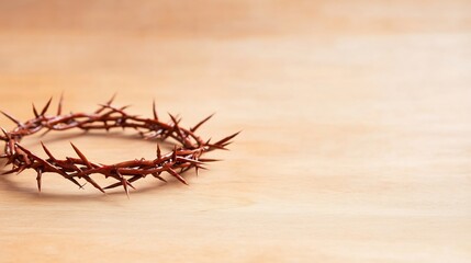 Fototapeta premium Rustic brown crown of thorns rests gently on pale wood softly lit background evokes somber reflection. AI Generated