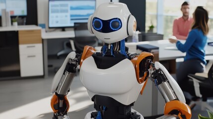 A humanoid robot stands in an office, offering a glimpse into AI-powered financial advising and the integration of robotics in professional environments.