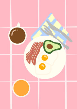 Top view illustration of a breakfast with eggs, bacon, and avocado on a pink background