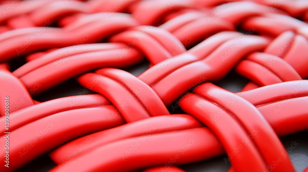 Poster close-up view of interwoven red plastic strips creating a textured pattern on a surface