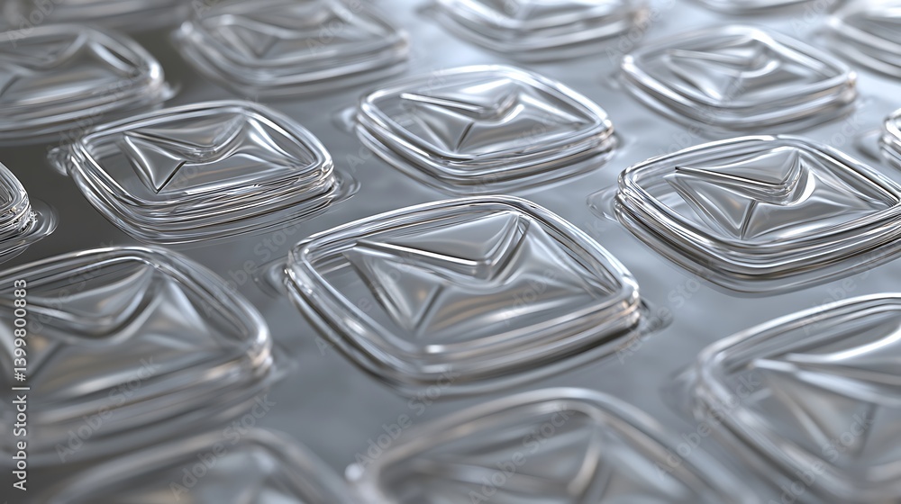 Poster close-up view of transparent email icons arranged in a pattern on a reflective surface, showcasing d