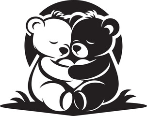 Hugging teddy bears with heart adorable black Silhouette Vector Illustration style