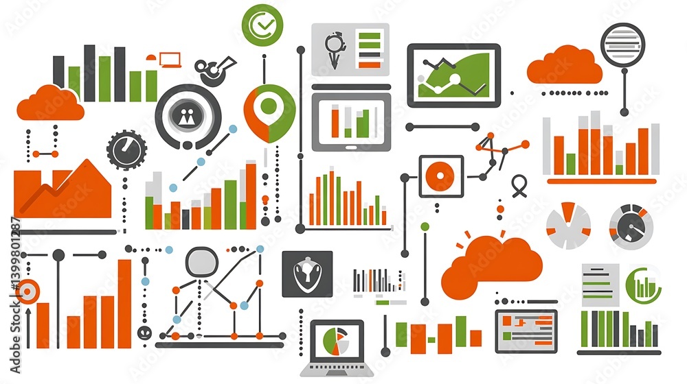 Poster colorful data visualization with graphs, charts, and icons representing analytics and insights