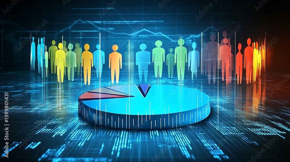 Poster colorful data visualization with pie chart and diverse silhouettes representing analytics trends