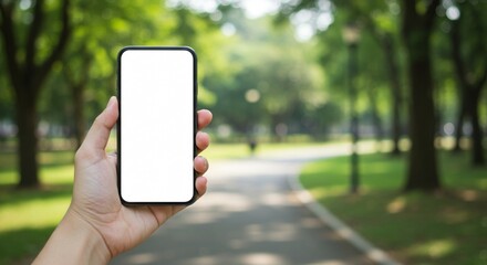 Hand holding phone mockup in park for app ui design and website template presentation display promotion