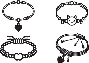Cute friendship bracelet bundle in clean flat black Silhouette Vector Illustration style