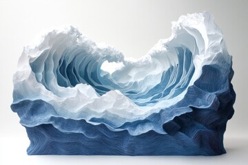 Obraz premium Sculptural Wave Form. Layered, textured, and detailed depiction of a crashing wave, rendered in shades of blue and white. The wave's intricate layers create a sense of depth and motion
