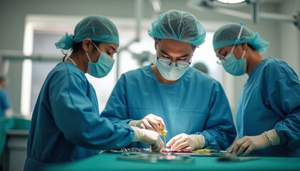A focused surgical team, dressed in blue scrubs and masks, collaborates intently during a critical operation. The atmosphere is charged with professionalism and precision, highlighting the teamwork