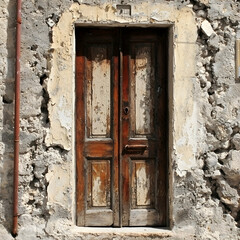 Weathered wooden door in old stone wall, sunny day, rustic background, ideal for travel blogs