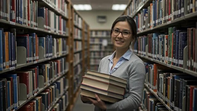 Professional asian librarian wearing glasses holds a stack of books, smiling confidently between library shelves filled with volumes, embodying knowledge, academia, and information services