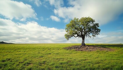 Obraz premium Photo of a Tree Thriving on Grassy Ground with Soil Cross-Section, Set Against a Cloudy Sky Background. Web Banner Design with Central Copy Space for Text, Ideal for Environmental and Nature Themes.