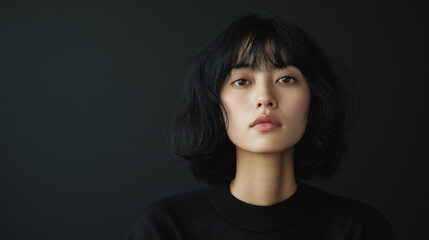 Asian woman with short black hair in a minimalist portrait against a dark background.