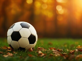 Fototapeta premium A soccer ball resting on grass surrounded by autumn leaves and soft sunlight.