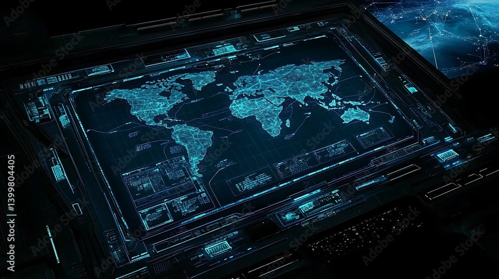 Poster futuristic control panel displaying a digital world map with glowing data overlays in a high-tech en