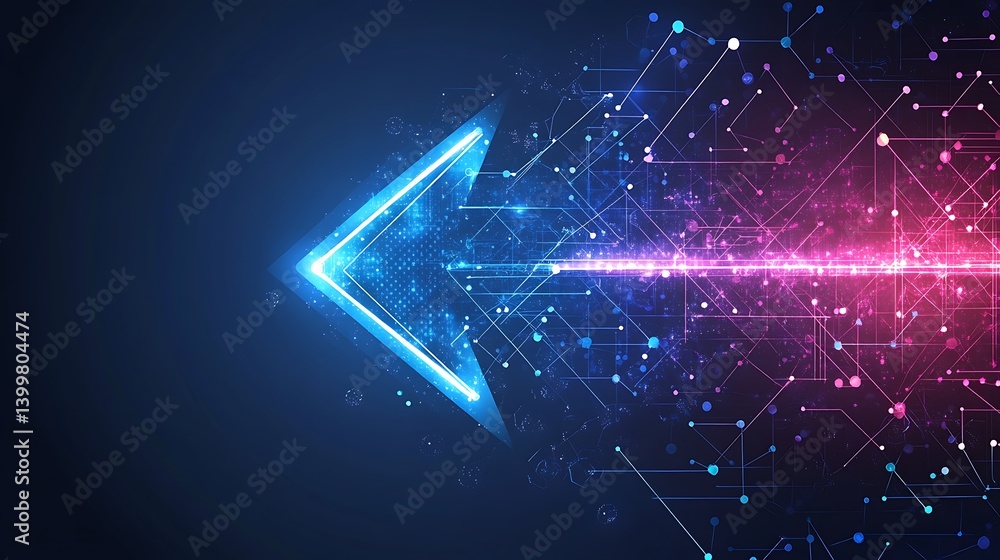 Poster futuristic digital arrow pointing left, surrounded by vibrant neon lines and abstract patterns