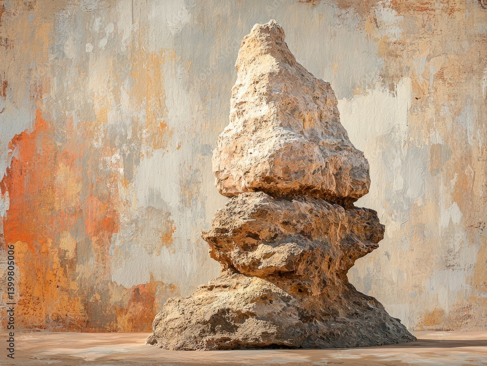 Poster a digitally rendered image of a stack of rocks against a textured, weathered wall.