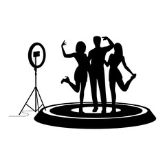Silhouette of People Posing on 360 Photo Booth with Ring Light and Phone Camera