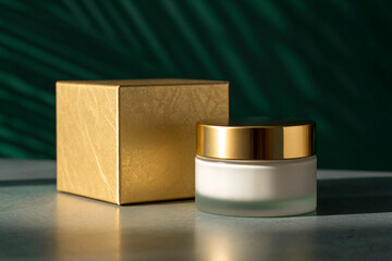 Gold Cosmetic Jar and Box on Dark Green