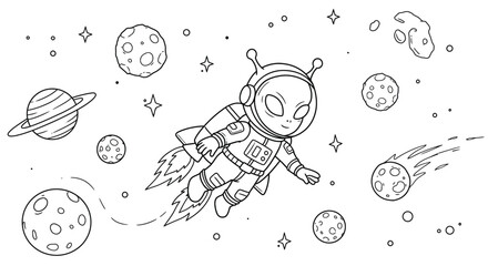 Small Alien Astronaut with Jetpack Flying Through Space with Planets and Comets