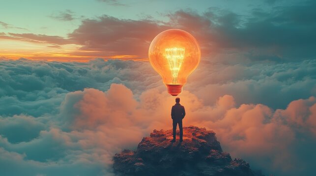 Concept of innovation: man imagines bright ideas above cloudscape at sunset