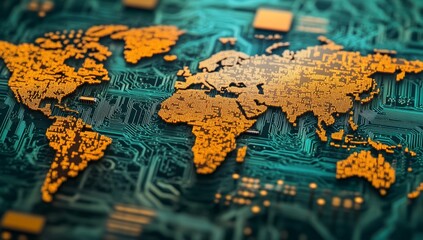 Global interconnectedness of technology.  A world map embossed on a complex circuit board, highlighting the intricate web of global communication and digital infrastructure