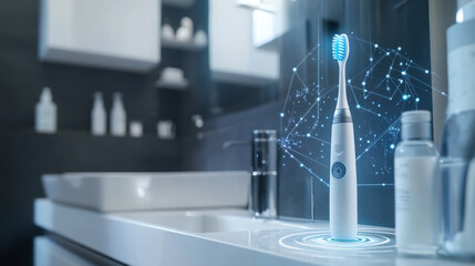 A high-tech toothbrush is displayed on a bathroom countertop, exhibiting glowing digital elements that indicate its advanced features