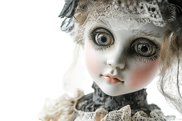 Haunted Victorian doll with cracked porcelain skin and eerie stare