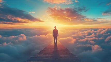 Fototapeta premium Silhouette of man walking towards vibrant sunset above clouds on stairway