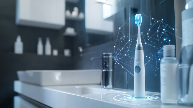A high-tech toothbrush is displayed on a bathroom countertop, exhibiting glowing digital elements that indicate its advanced features