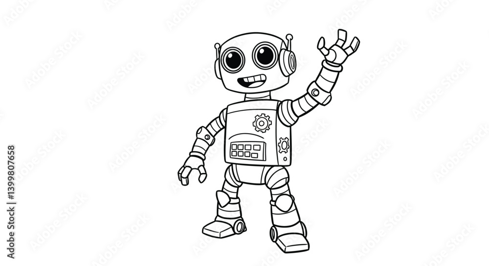 Poster joyful android with circular optics, cogs, and interface waving merrily