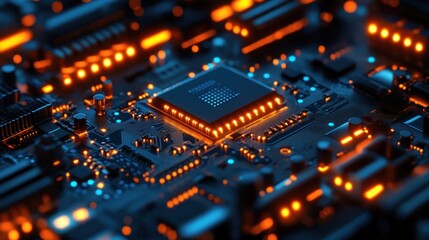 Obraz premium Illuminated circuit board with central processor.