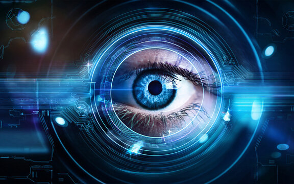 Tecnología virtual en a nube, ciberseguridad al alcance de la mano, programación, escaneado de retina, mano tocando universo virtual