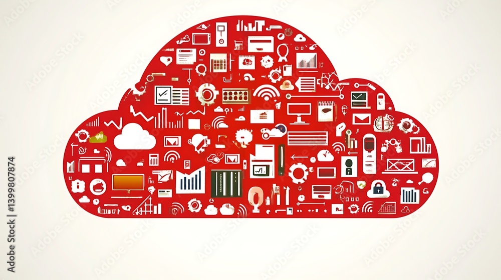 Poster red cloud filled with various digital icons representing technology, data, and communication concept
