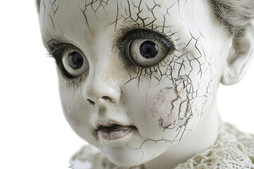 Haunted Victorian doll with cracked porcelain skin and eerie stare On PNG Background