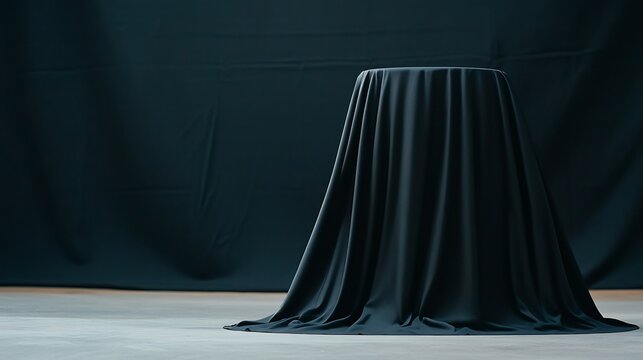 Mysterious dark cloth elegantly drapes a round table against a somber black backdrop. AI Generated