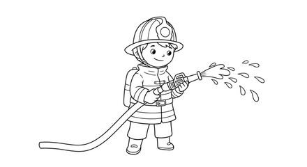 Fototapeta premium Young Firefighter in Helmet Holding Hose with Small Water Splash