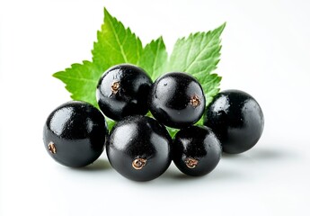 Black grapes with green leaves isolated on a white background, close-up, high-resolution photography. High-quality photography, stock photo, digital camera photography, detailed, high-definition,