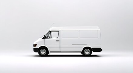A simple white van with clean-cut body lines, side view showing wheels and windows, minimal antenna, pure-color background