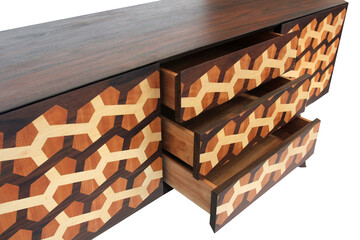 Long Wooden Table with Four Legs, Multiple Drawers, and Decorative Carved Patterns – Handcrafted...