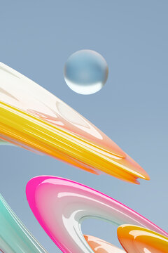 Abstract composition with colorful glass shapes and a floating sphere on a blue background
