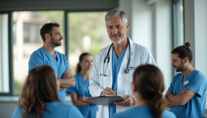 A seasoned male doctor in a white coat engages with a group of attentive nurses in scrubs, fostering a collaborative atmosphere. The image captures the essence of teamwork in a healthcare setting