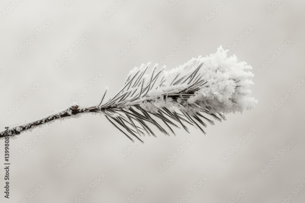 Poster a frost-covered pine branch elegantly extends against a muted, light gray backdrop.