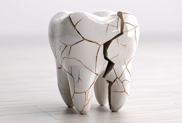 Ultra-detailed macro photography of cracked white tooth on smooth white surface, clinical lighting with soft shadows