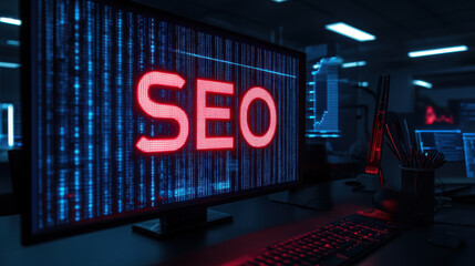 A modern computer screen shows bright red SEO text amidst flowing binary code. The dimly lit workspace features multiple screens and a keyboard, emphasizing a tech atmosphere