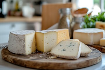assortment of different cheeses on wooden board